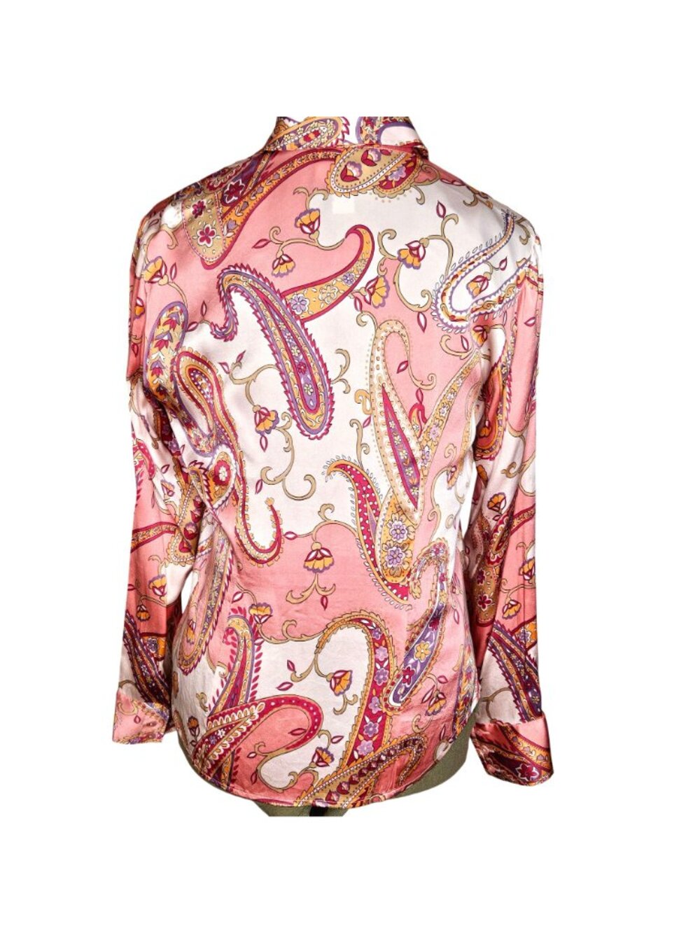 Woman's vintage Talbots silk boho pink paisley print v neck button down blouse 8 - Picture 2 of 10